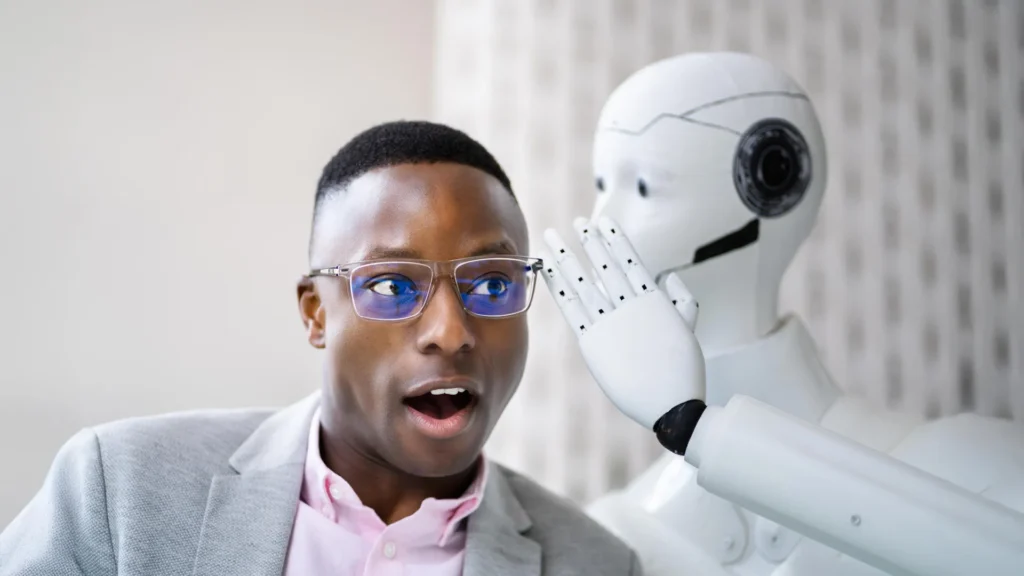 ai cyborg robot whispering secret to man.webp.webp